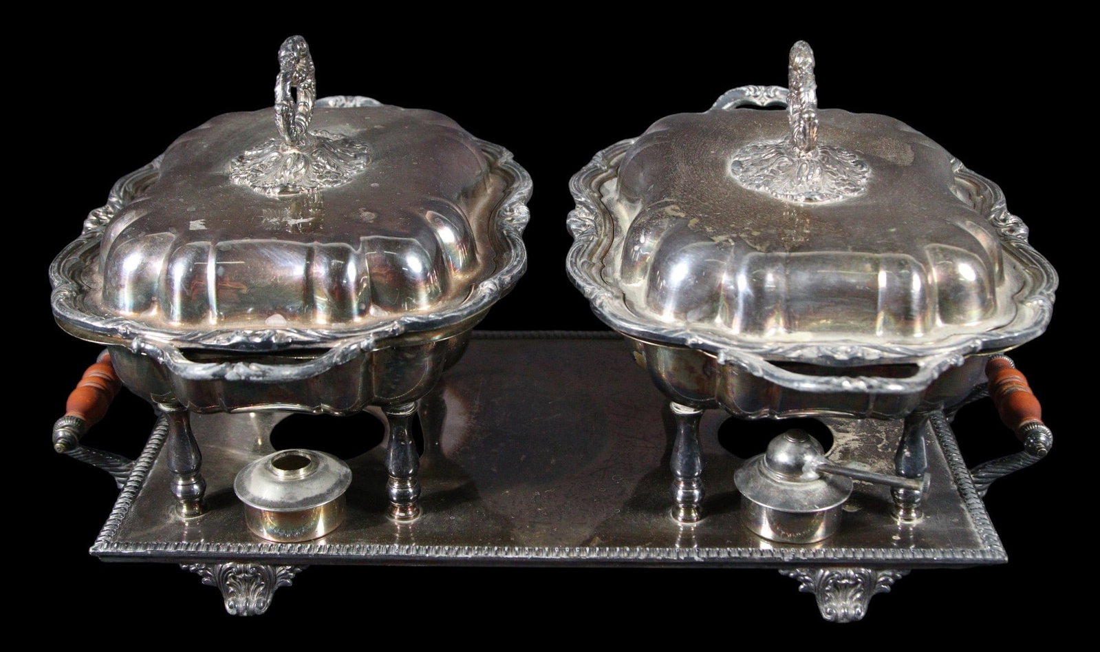 SILVER PLATE DOUBLE CHAFING / WARMING DISHES: SILVER PLATE DOUBLE CHAFING / WARMING DISHES. Height: 12 in. by Width: 23 in. by Depth: 17 in.