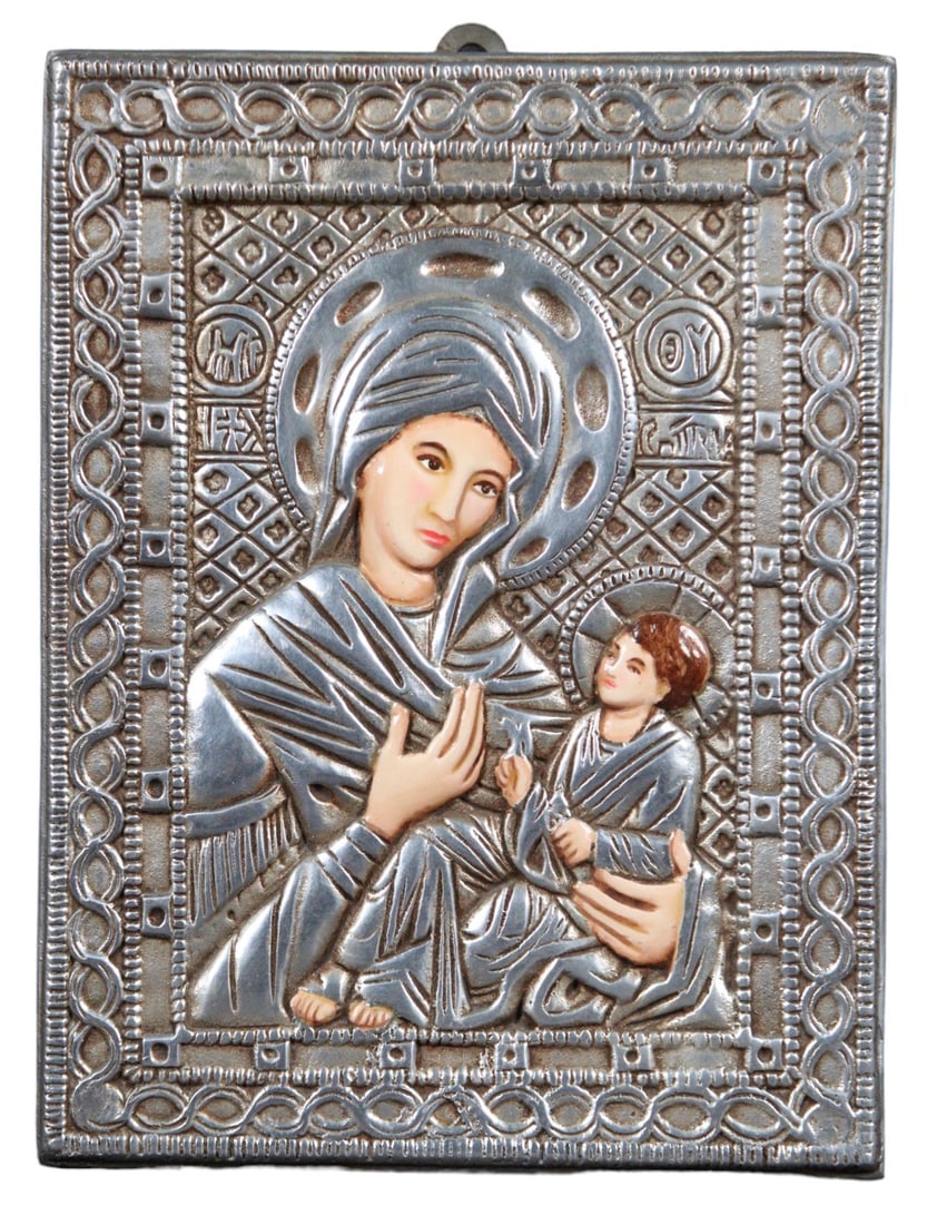 SILVER PLATE MADONNA AND CHILD ICON: SILVER PLATE MADONNA AND CHILD ICON. Height: 11.5 in. by Width: 8.75 in. by Depth: .5 in.