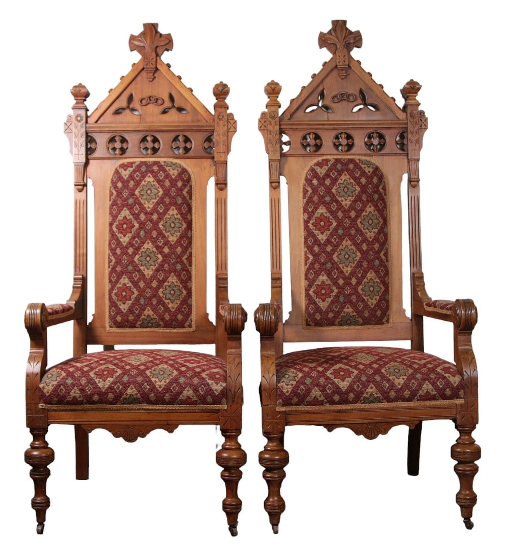 PAIR OF 19th CENTURY GOTHIC REVIVAL ARMCHAIRS: PAIR OF 19th CENTURY GOTHIC REVIVAL THRONE CHAIRS. Height: 66 in. by Width: 25 in. by Depth: 27 in.