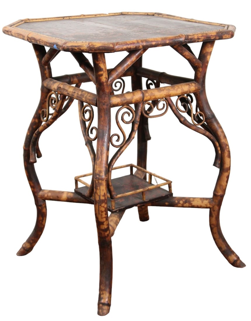 VICTORIAN LACQUERED SWAN LEG BAMBOO TABLE: VICTORIAN LACQUERED SWAN LEG BAMBOO TABLE. Height: 30 in. by Width: 23 in. by Depth: 23 in.