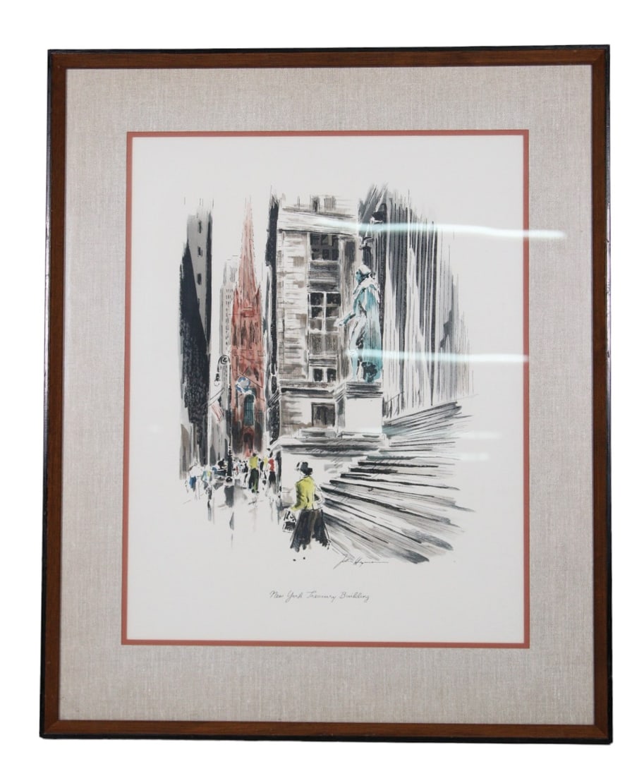 SIGNED JOHN HAYMSON "NEW YORK TREASURY BUILDING": SIGNED JOHN HAYMSON "NEW YORK TREASURY BUILDING" LITHOGRAPH. FRAMED, SIGNED LOWER MIDDLE. Height: 30 in. by Width: 25 in. by Depth: 1