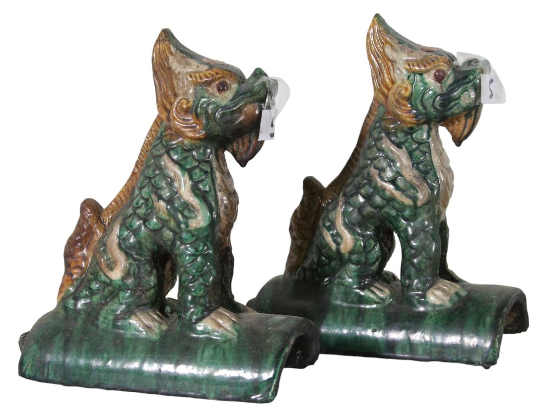 PAIR OF CHINESE CAST TERRACOTTA SANCAI ROOF TILES: PAIR OF CHINESE CAST TERRACOTTA SANCAI ROOF TILES Height: 11 in. by Width: 9.5 in. by Depth: 4.5