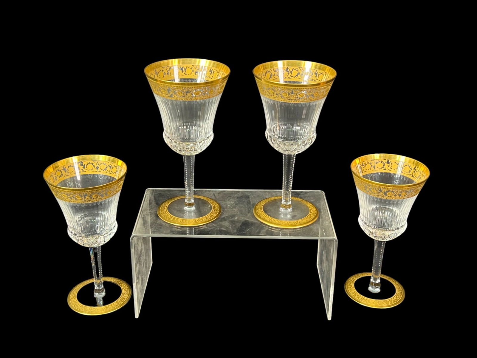 SET OF 4 SAINT LOUIS CRYSTAL "THISTLE" GOBLETS: SET OF 4 SAINT LOUIS CRYSTAL 24K GOLD OVERLAY "THISTLE" GOBLETS. Height: 7.5 in. by Width: 3.75 in.