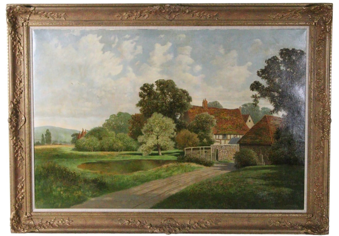 DAVID MEAD OIL ON CANVAS "FARM IN KENT": DAVID MEAD OIL ON CANVAS "FARM IN KENT" Height: 35 in. by Width: 48 in. by Depth: 2