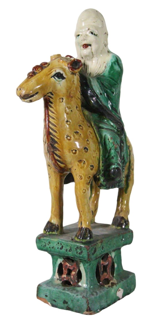 CHINESE SANCAI GLAZE MANGU MOUNTED ON DEER: CHINESE SANCAI GLAZE MANGU MOUNTED ON DEER Height: 16 in. by Width: 4.5 in. by Depth: 9