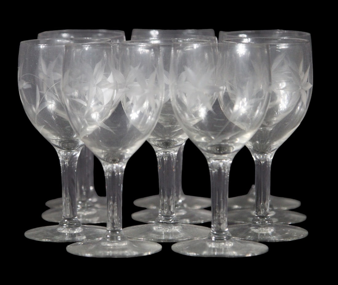 SET OF 11 ETCHED SHERRY GLASSES: SET OF 11 ETCHED SHERRY GLASSES Height: 4.5 in. by Width: 2 in. by Depth: 2
