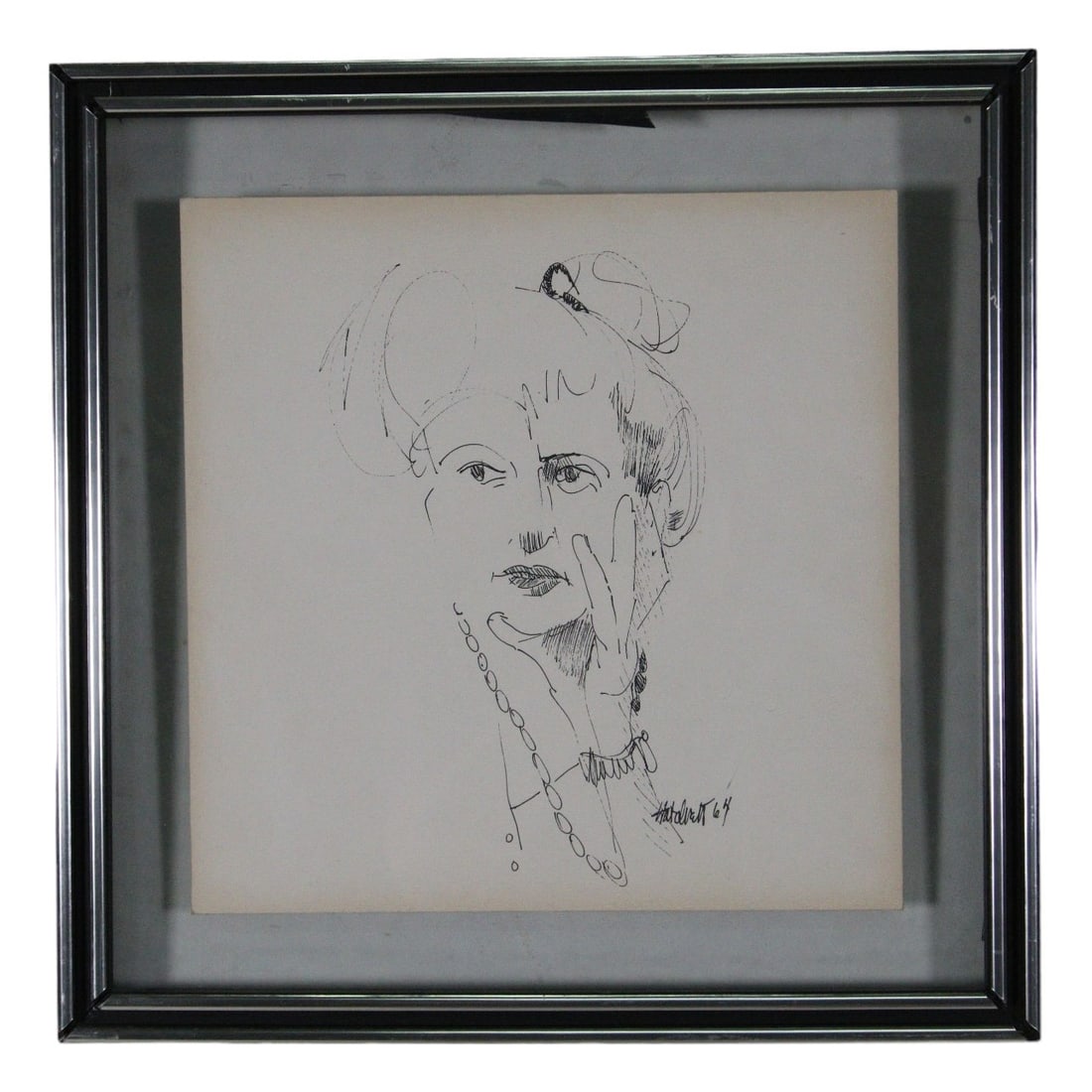 1964 DUAYNE HATCHETT INK ON PAPER WOMAN PORTRAIT: DUAYNE HATCHETT INK ON PAPER WOMAN PORTRAIT A PARTIAL INCOMPLETE SKETCH ON BACK Height: 16.5 in. by Width: 16.5 in. by Depth: 1.25 in.