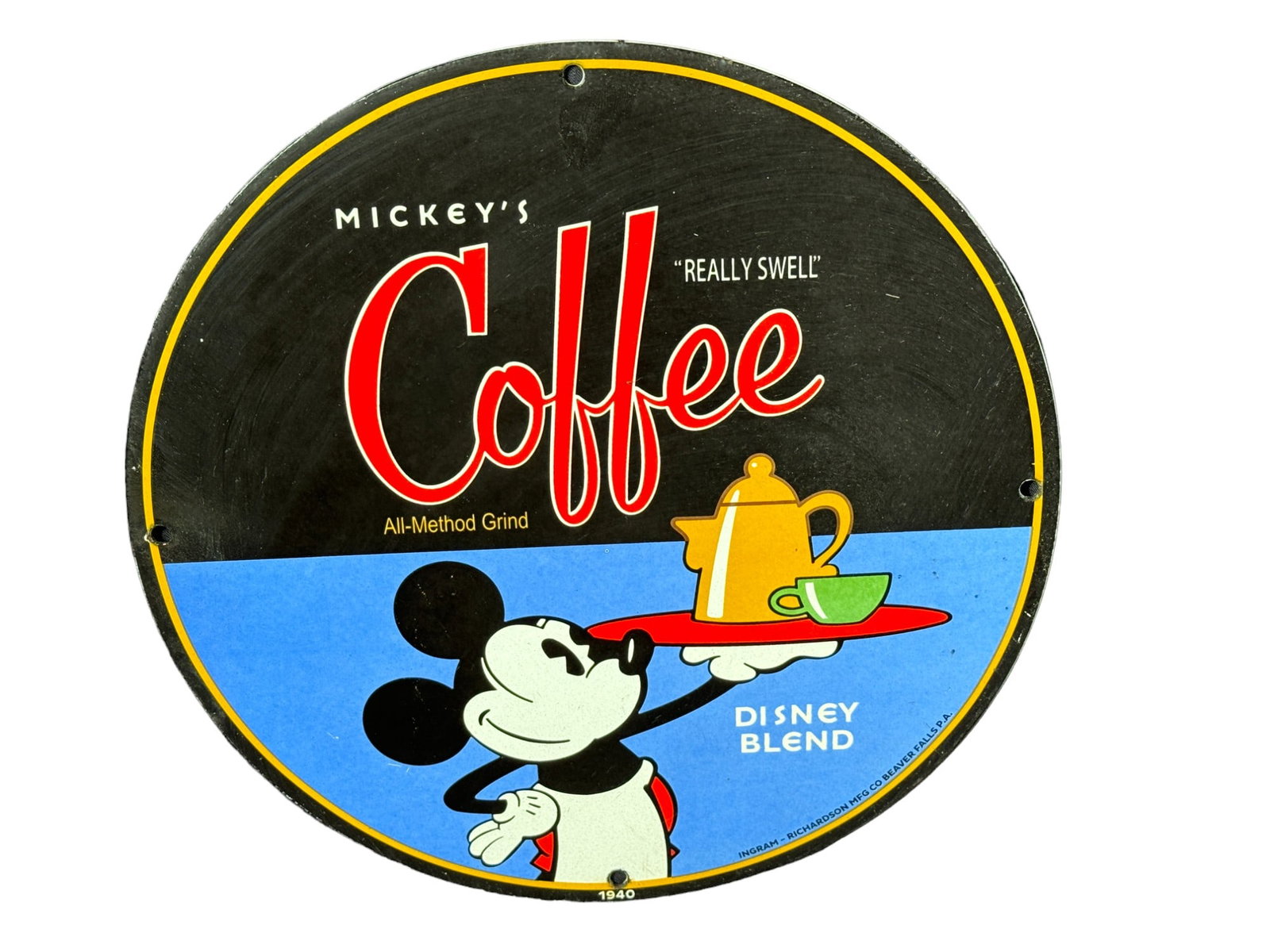 MICKEY MOUSE DISNEY BLEND COFFEE PORCELAIN SIGN: MICKEY MOUSE DISNEY BLEND COFFEE PORCELAIN SIGN Height: 12 in. by Width: 12