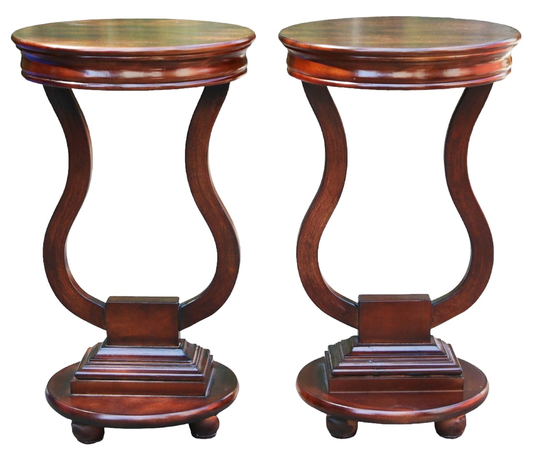 PAIR OF MAHOGANY LYRE STYLE SIDE TABLES: PAIR OF MAHOGANY LYRE STYLE SIDE TABLES Height: 33 in. by Width: 14 in. by Depth: 14