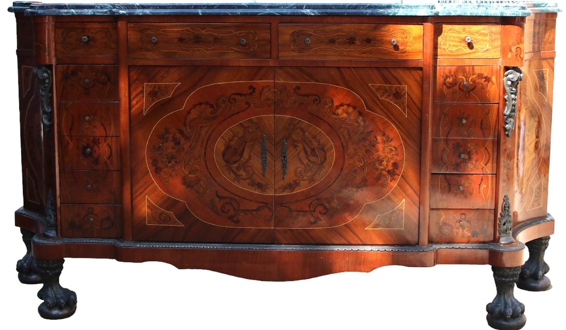 19TH CENTURY FRENCH STYLE MARBLE TOP BUFFET: FRENCH STYLE MARBLE TOP BUFFET HAND PAINTED WITH EXQUISITE MARQUETRY AND ORMOLU MOUNTS Height: 40.5 in. by Width: 76 in. by Depth: 24