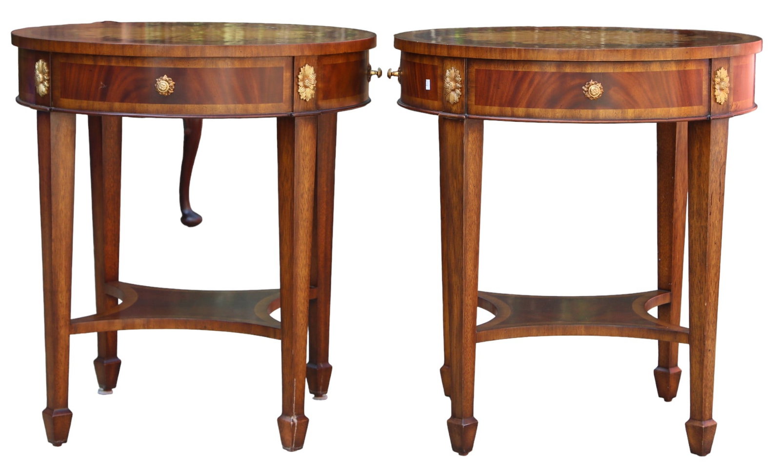 PAIR MAITLAND SMITH FLORAL SIDE TABLES: PAIR MAITLAND SMITH FLORAL SIDE TABLES Height: 26.5 in. by Width: 24 in. by Depth: 24