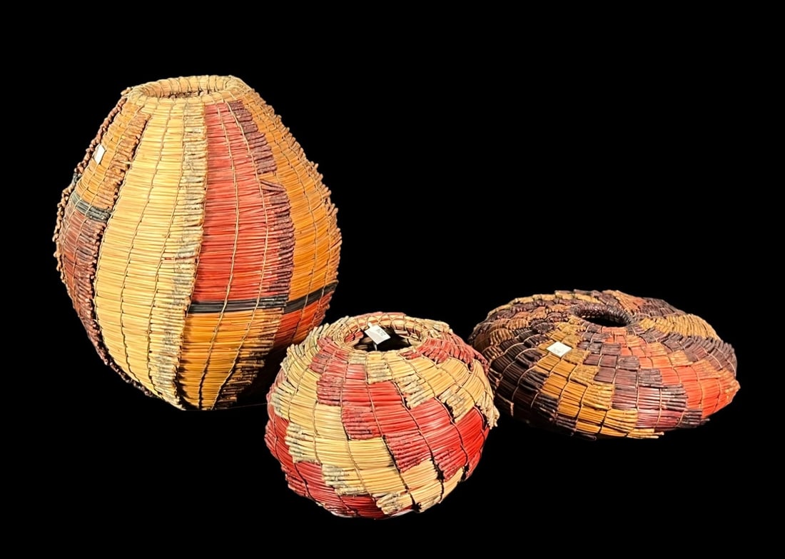 THREE PINE NEEDLE FRAN KRAYNEK PRINCE BASKETS: THREE PINE NEEDLE FRAN KRAYNEK PRINCE WOVEN BASKETS. Height: 14 in. by Width: 12 in. by Depth: 12 in.