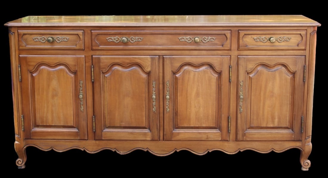 VINTAGE KINDEL FRENCH STYLE CHERRY SIDEBOARD: VINTAGE KINDEL FRENCH STYLE CHERRY SIDEBOARD Height: 34.5 in. by Width: 70 in. by Depth: 19