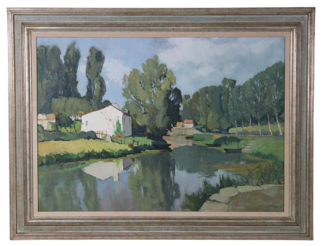 GEORGES ROBIN "SUR LA SEINE NIOTAISE": GEORGES ROBIN SUR LA SEINE NIOTAISE OIL ON CANVAS Georges Robin Born: 1895 Died: 1981 Known for: Waterscape painting with buildings, towns Height: 34 in. by Width: 44 in. by Depth: 2