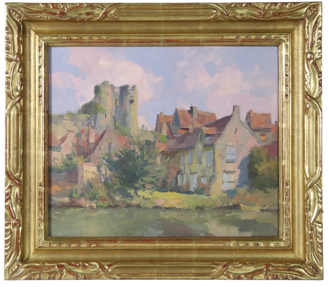 SIGNED OIL ON MASONITE COUNTRY VILLAGE: SIGNED OIL ON MASONITE COUNTRY VILLAGE Height: 21 in. by Width: 24 in. by Depth: 1.75