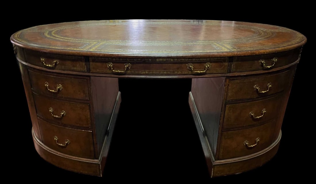 MAITLAND-SMITH PARTNER'S DESK WITH TOOLED LEATHER: MAITLAND-SMITH PARTNER'S DESK WITH TOOLED LEATHER THROUGHOUT. 18 DRAWERS. Height: 30 in. by Width: 70 in. by Depth: 44.5 in.