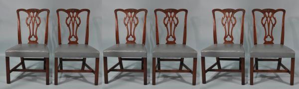 SIX CHIPENDALE STYLE KITTINGER MAHOGANY RIBBON BAC: SIX CHIPENDALE STYLE KITTINGER MAHOGANY RIBBON BACK SIDE CHAIRS WITH WEDGWOOD BLUE LEATHER SEATS. Height: 38 in. by Width: 21 in. by Depth: 20 1/2 in.