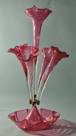 19th CENTURY RUBY GLASS EPERGNE: 19th CENTURY RUBY GLASS EPERGNE. Height: 23 in. by Width: 11
