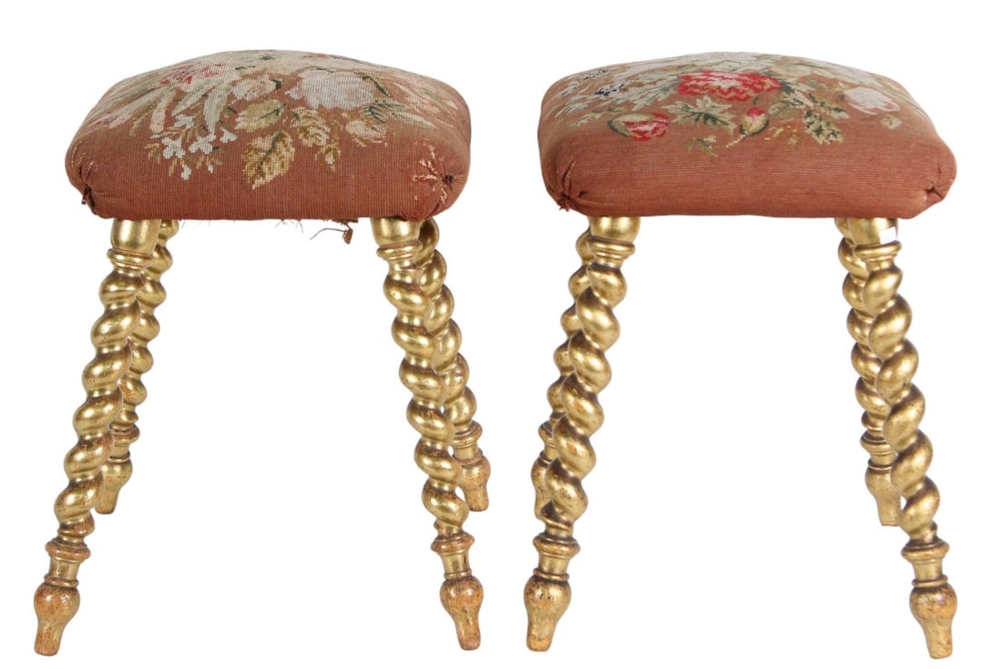 PAIR OF FRENCH GILT BARLEY TWIST LEGS STOOLS (1 of 4)
