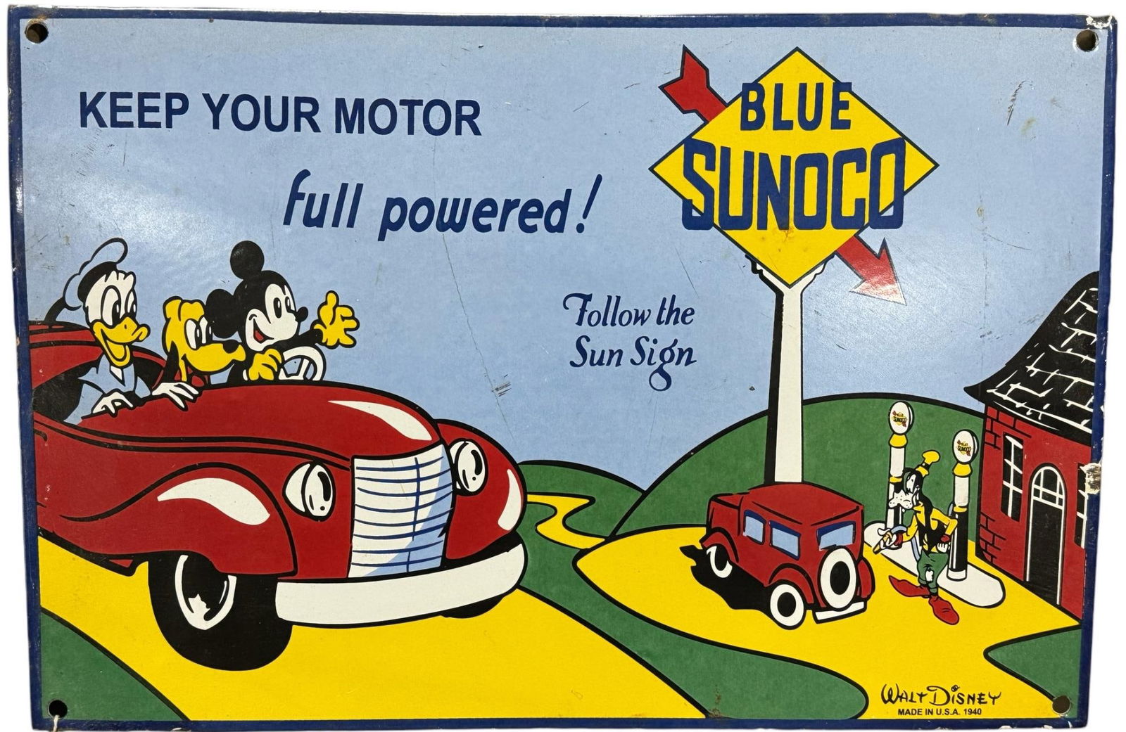 BLUE SUNCO PORCELAIN SIGN WALT DISNEY 1940: BLUE SUNCO PORCELAIN SIGN WALT DISNEY 1940 Height: 11 in. by Width: 16