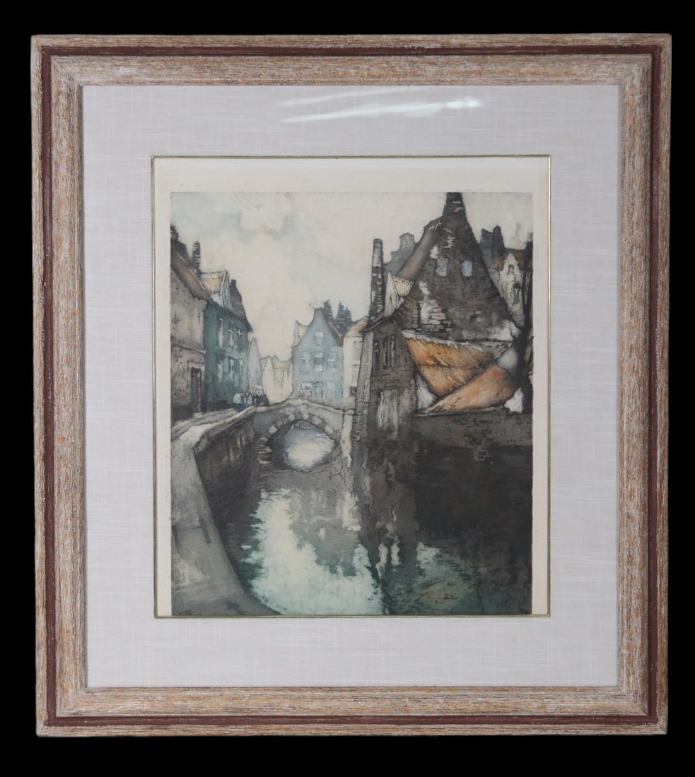 VAN SANTEN "RED ROOFS" HAND COLORED ETCHING: VAN SANTEN "RED ROOFS" HAND COLORED ETCHING. Height: 36 in. by Width: 32 in. by Depth: 1.5 in.