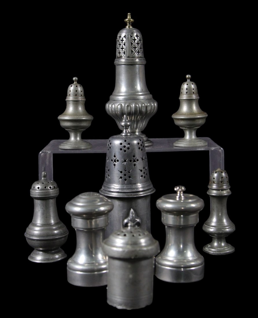 9 VARIOUS ANTIQUE PEWTER SALT AND PEPPER SHAKERS (1 of 5)