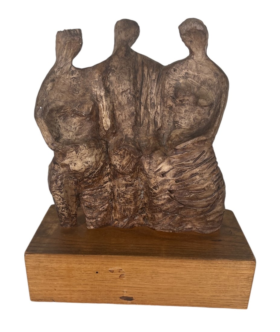 MODERN ABSTRACT TERRACOTTA SCULPTURE ON WOOD BASE: MODERN ABSTRACT TERRACOTTA SCULPTURE ON WOOD BASE. Height: 17 in. by Width: 14 in. by Depth: 6.5