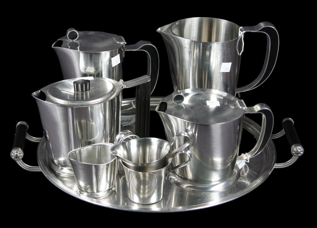 EIGHT GENSE SWEDEN STAINLESS COFFEE / TEA SET: EIGHT GENSE SWEDEN STAINLESS COFFEE / TEA SET. Height: 7.5 in. by Width: 18 in. by Depth: 16