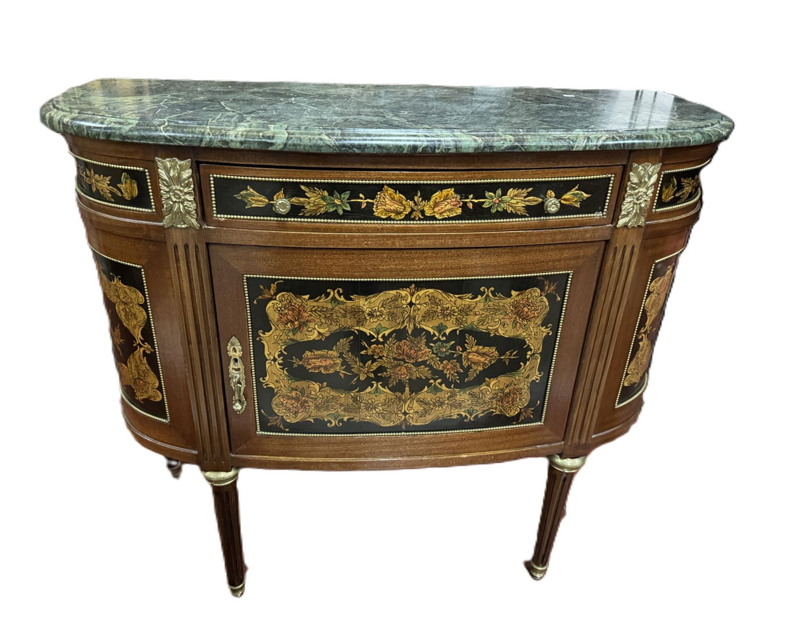 LOUIS XVI STYLE MARBLE TOP COMMODE: LOUIS XVI STYLE MARBLE TOP COMMODE WITH INLAY, BRONZE MOUNTS. Height: 32 in. by Width: 38 in. by Depth: 16 in.