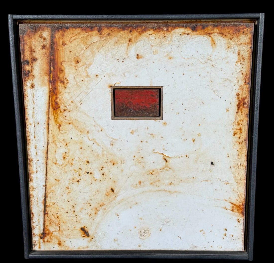 RANDALL REID "WHITE SNOW, RED SKY" 2004: RANDALL REID "WHITE SNOW, RED SKY" 2004 SALVAGED STEEL/WOOD MIXED MEDIA RANDALL REID (1956FT WORTH TX OVER 300 EXHIBITIONS FROM SAVIS ART GALLERY TO THE AMERICAN EMBASSY IN KUWAIT Height: 13.5 in. by