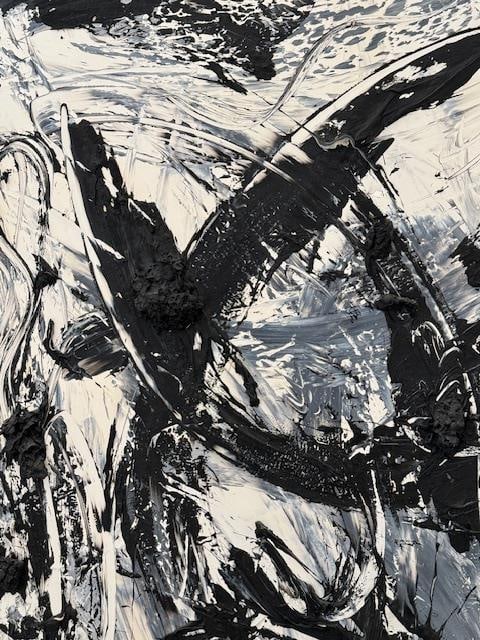 GUS KEMP OIL ON CANVAS BLACK AND WHITE ABSRACT: GUS KEMP OIL ON CANVAS BLACK AND WHITE ABSRACT WITH HEAVY IMPOSTO TO BALLS OF PAINT Height: 60 in. by Width: 36
