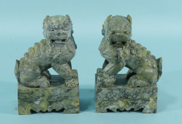 PAIR OF CHINESE SOAPSTONE FOO DOGS: PAIR OF CARVED CHINESE SOAPSTONE FOO DOGS. Height: 8 in. by Width: 5 in. by Depth: 3 1/2 in.