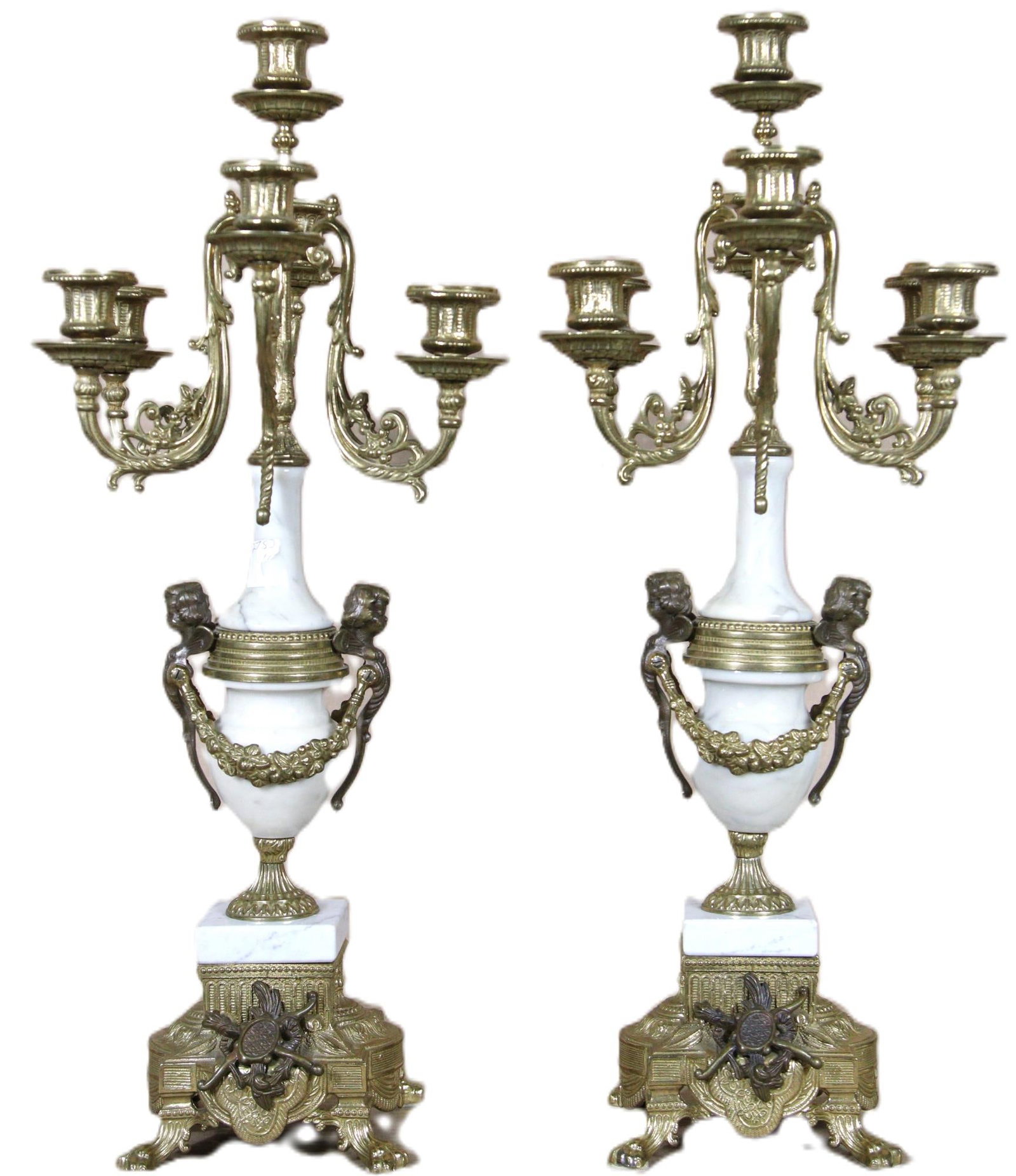 PAIR OF MARBLE AND GILT BRONZE MOUNTED CANDELABRA: PAIR OF MARBLE AND GILT BRONZE MOUNTED CANDELABRA. Height: 24 in. by Width: 13 in. by Depth: 8.5 in.