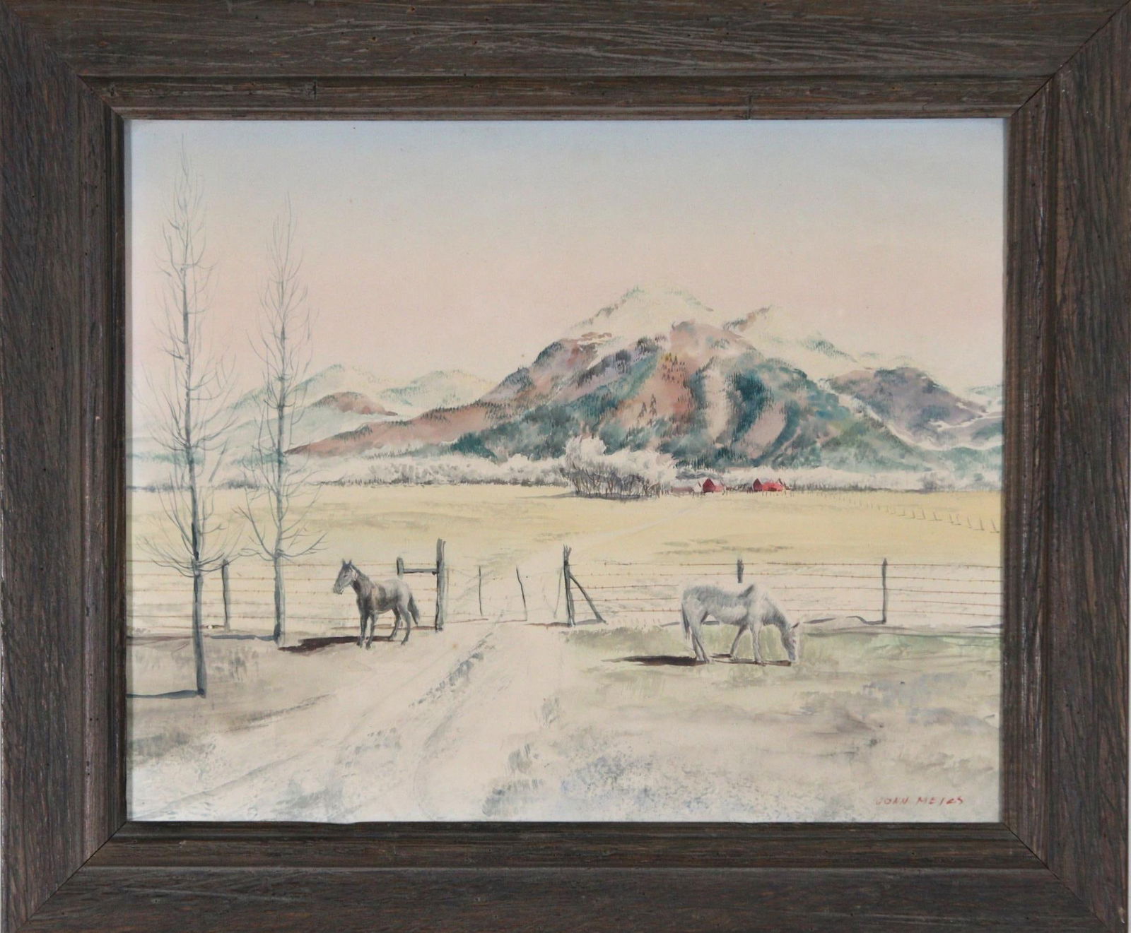 JOHN MEIGS WATERCOLOR: JOHN MEIGS WATERCOLOR IN WOODEN FRAME THAT ACCENTS THE ART EVEN MORE. BRING A GLIPSE OF THE MOUTAINS HOME. Height: 21" in. by Width: 25"