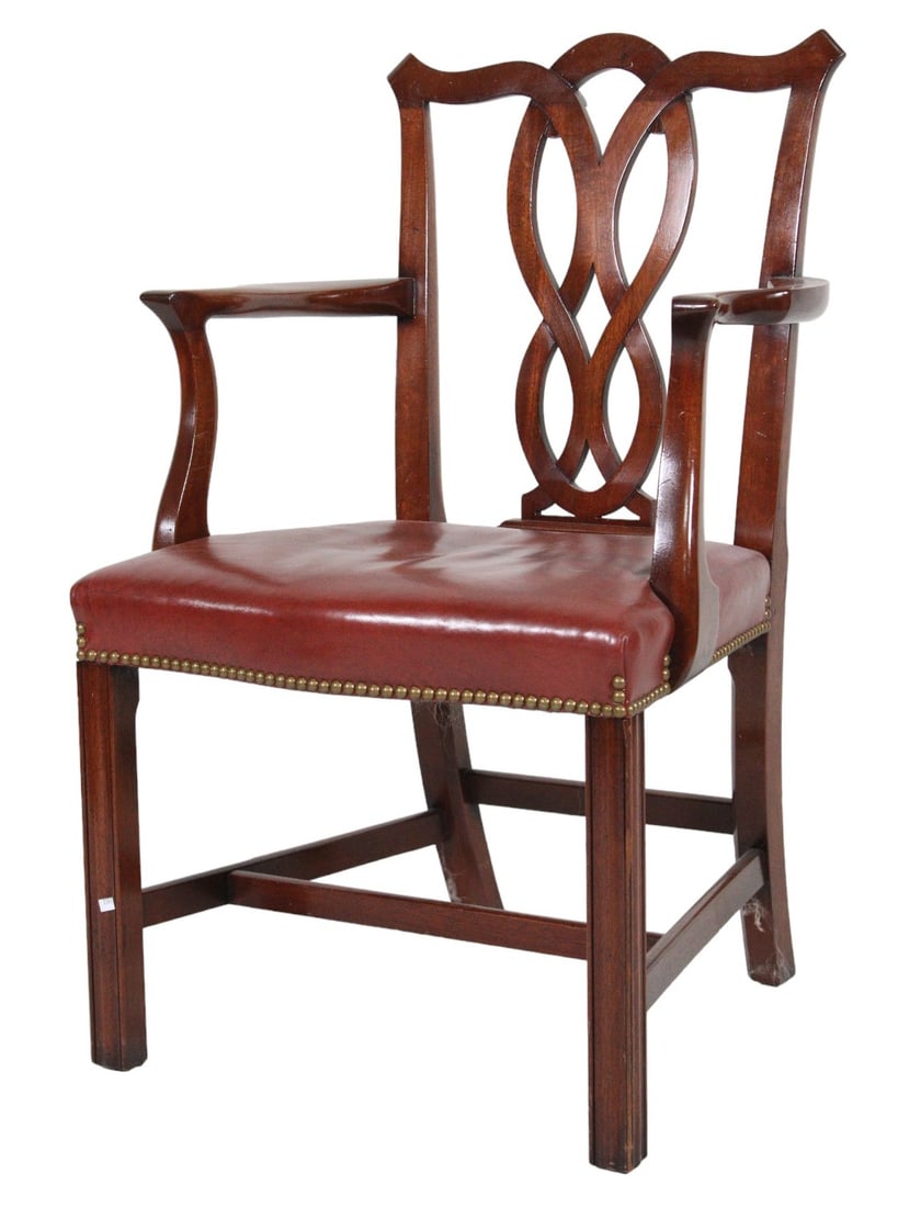 VINTAGE LEATHER CHIPPENDALE STYLE CHAIR: VINTAGE LEATHER CHIPPENDALE STYLE CHAIR Height: 37 in. by Width: 22.5 in. by Depth: 20