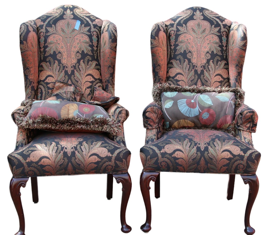 PAIR GEORGE III STYLE WING CHAIRS: PAIR GEORGE III STYLE WING CHAIRS. Height: 51 in. by Width: 25.5 in. by Depth: 28 in.