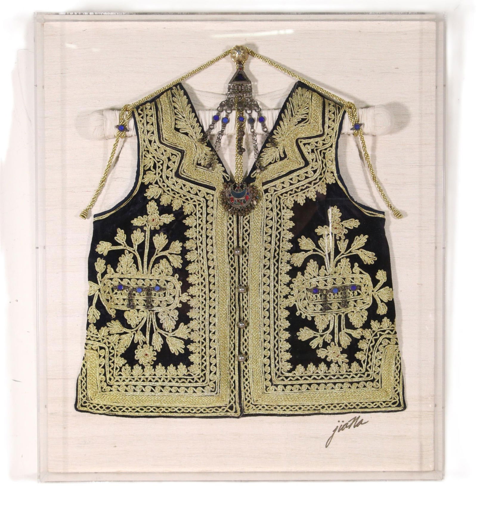 VINTAGE GOLD BRAIDED AFGHAN VEST FRAMED: VINTAGE GOLD BRAIDED AFGHAN VEST FRAMED IN FINE LUCITE BOX Height: 30 in. by Width: 26 in. by Depth: 3 in.