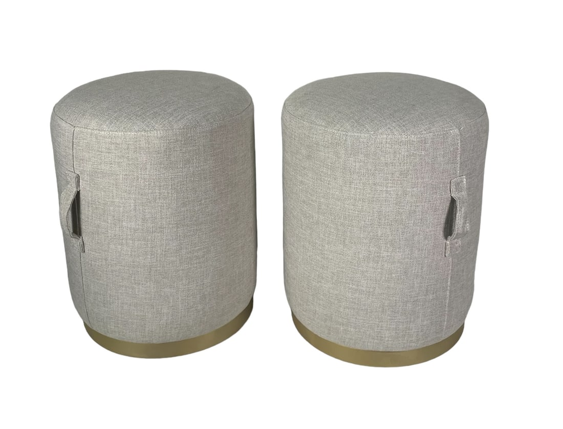 PAIR OF SANDY BEIGE CANVAS UPHOLSTERED STOOLS: PAIR OF SANDY BEIGE CANVAS UPHOLSTERED STOOLS. Height: 18 in. by Width: 15.5 in. by Depth: 15.5 in.
