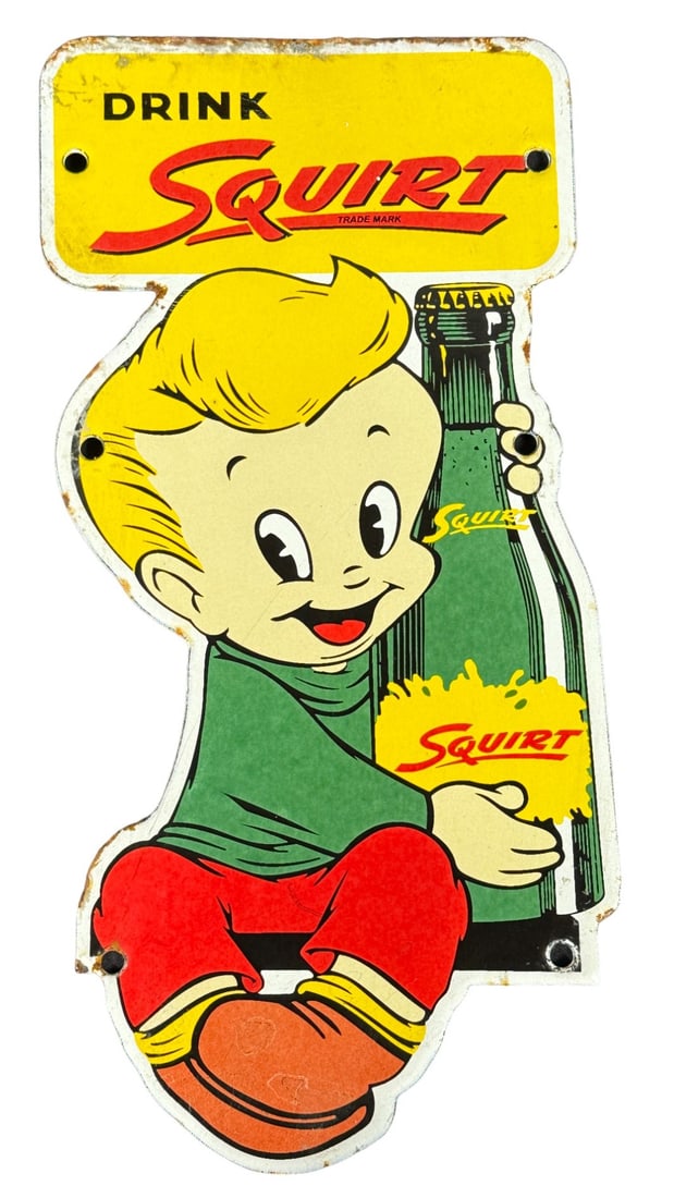 PORCELAIN SQUIRT SIGN: PORCELAIN SQUIRT SIGN. Height: 12 in. by Width: 6 in.