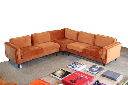 MID-CENTRY STYLE ORANGE VELVET SECTIONAL SOFA
