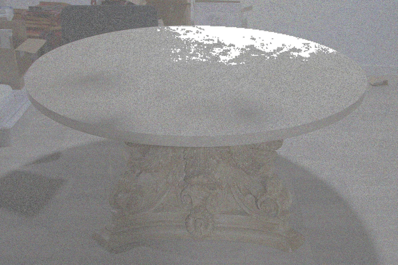 ROUND MARBLE TOP DINING TABLEON CARVED BASE: ROUND MARBLE TOP DINING TABLEON CARVED BASE. 28"H X 59" ROUND.