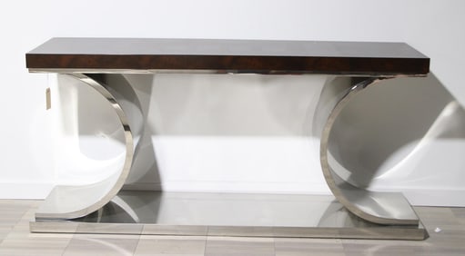 CHROME BASE WOOD TOP CONSOLE TABLE