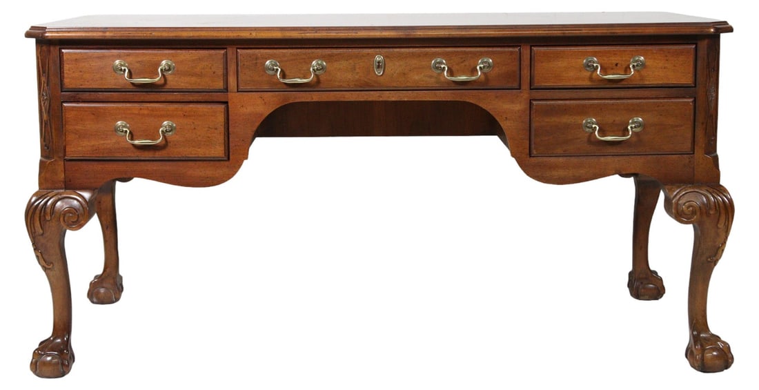 CENTURY FURNITURE CO. DESK WITH CABRIOLET LEGS: CENTURY FURNITURE CO. DESK WITH CABRIOLET LEGS ON BALL AND CLAW FEET. Height: 30 in. by Width: 60 in. by Depth: 30 in.