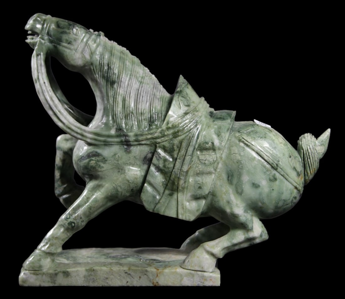 VINTAGE CHINESE SOAPSTONE TANG STYLE HORSE: VINTAGE CHINESE CARVED SOAPSTONE TANG STYLE HORSE. Height: 11 in. by Width: 13 in. by Depth: 4 in.