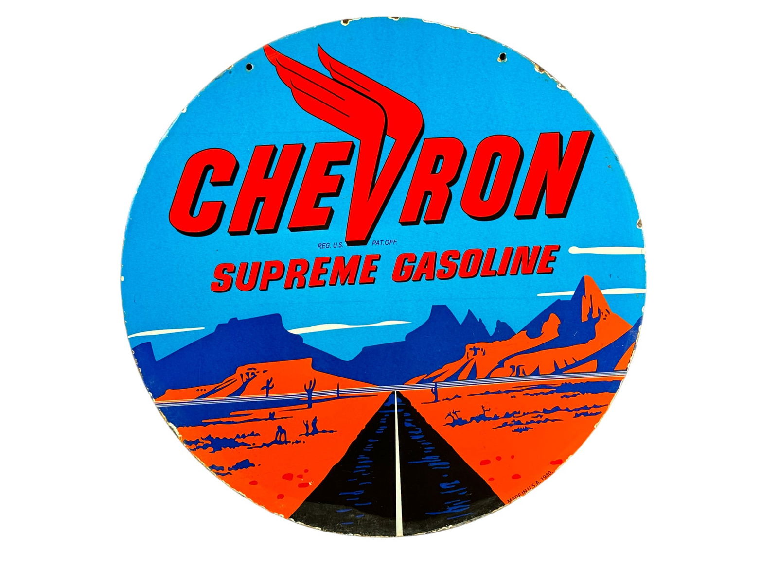 VINTAGE ENAMELED ON METAL CHEVRON SUPREME SIGN: VINTAGE ENAMELED ON METAL CHEVRON SUPREME GASOLINE SIGN. Height: 30 in. by Width: 30 in.