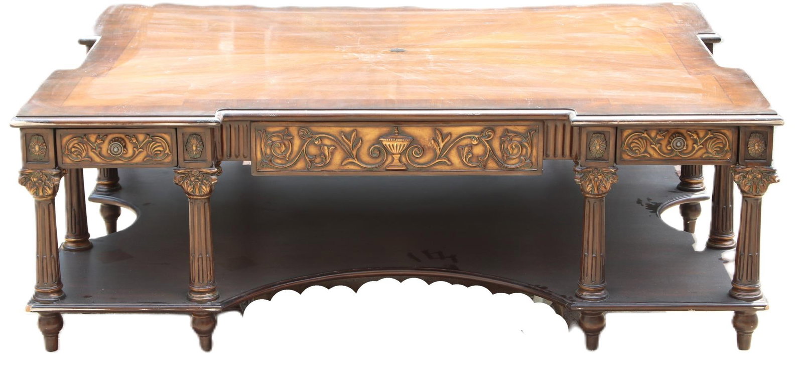 LG COFFEE TABLE WITH INTRICATE SCROLLING ON SIDES: COFFEE TABLE WITH INTRICATE SCROLLING ON SIDES. Height: 21" in. by Width: 63" in. by Depth: 48