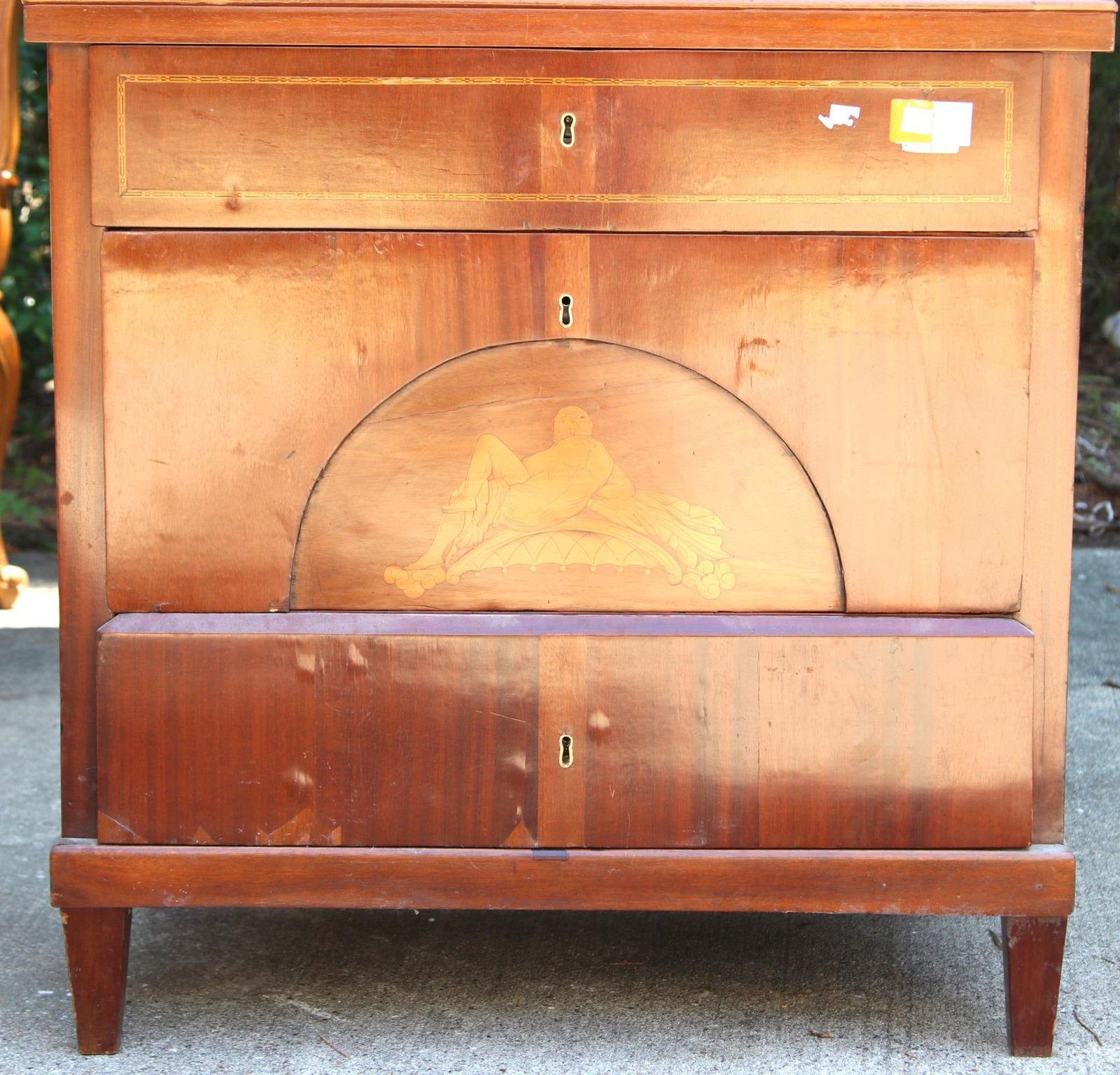 19th CENTURY BIEDERMEIER CHEST WITH MAHOGANY INLAY: 19th CENTURY BIEDERMEIER CHEST WITH MAHOGANY INLAY. Height: 30 1/2 in. by Width: 30 in. by Depth: 18 in.