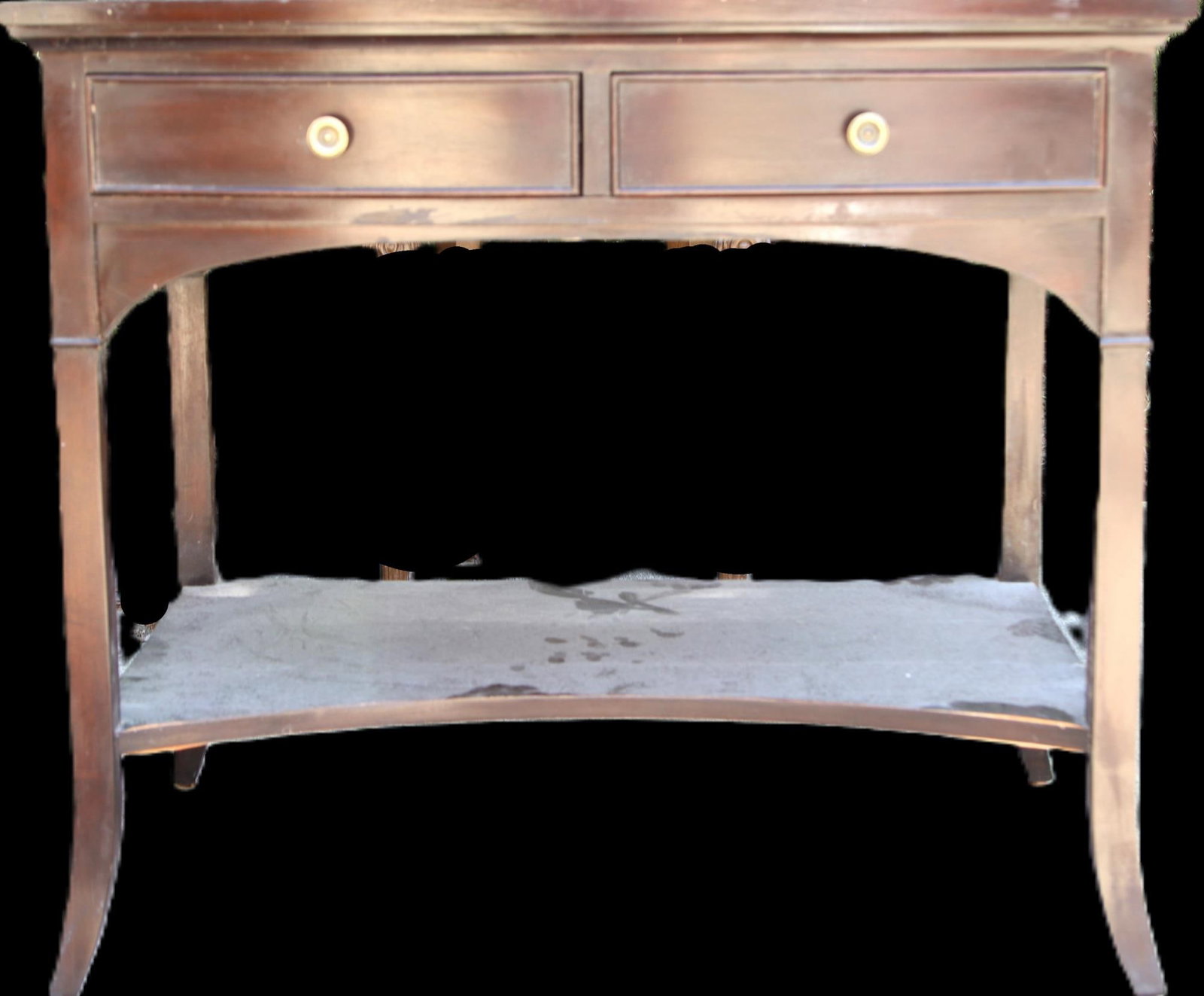SIDE TABLE WITH TWO DRAWERS: SIDE TABLE WITH TWO DRAWERS. Height: 30 in. by Width: 34 in. by Depth: 24 in.
