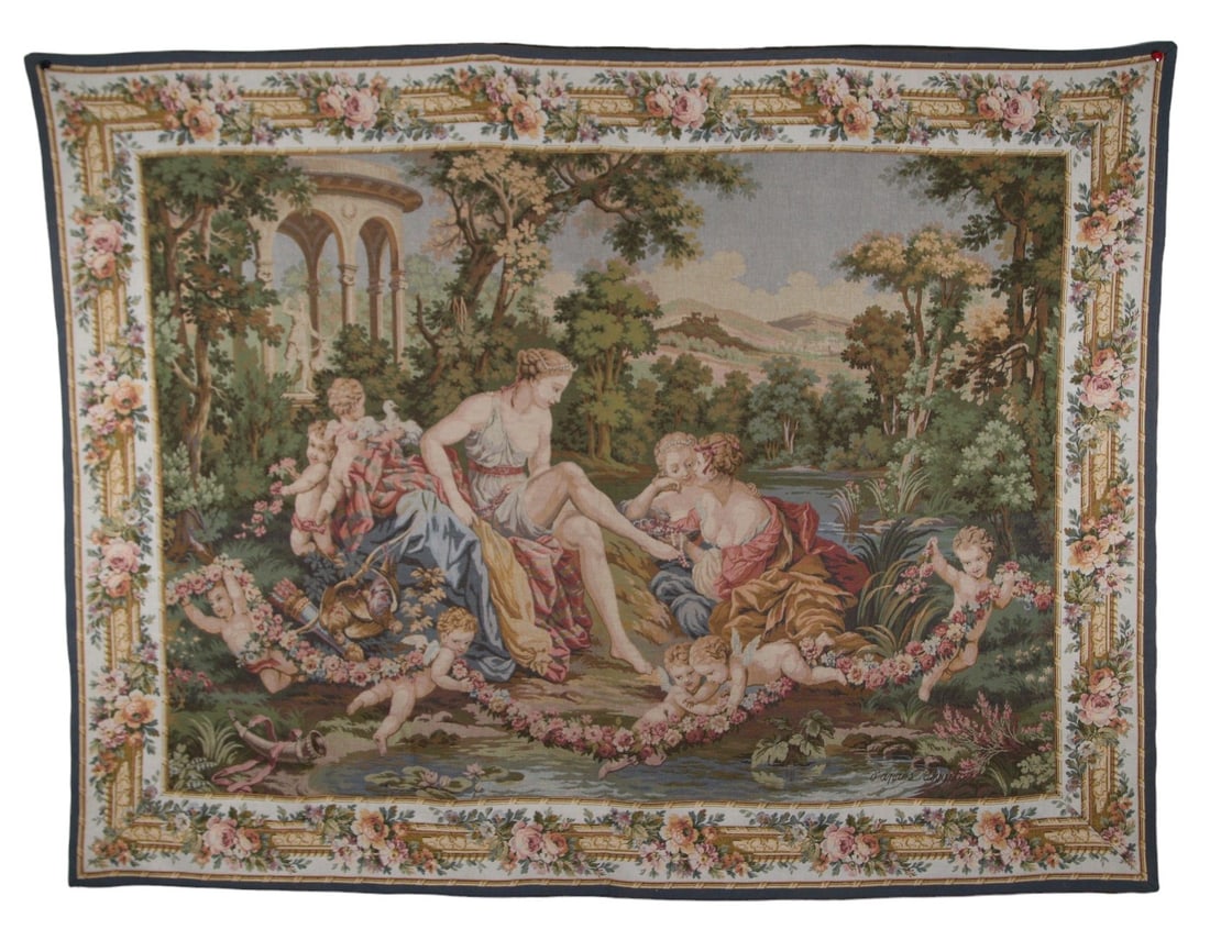 VINTAGE AUBUSSON STYLE JAQUAR TAPESTRY: VINTAGE AUBUSSON STYLE JAQUAR TAPESTRY IN THE STYLE OF FRANCOIS BOUCHER. Height: 60 in. by Width: 79 in.