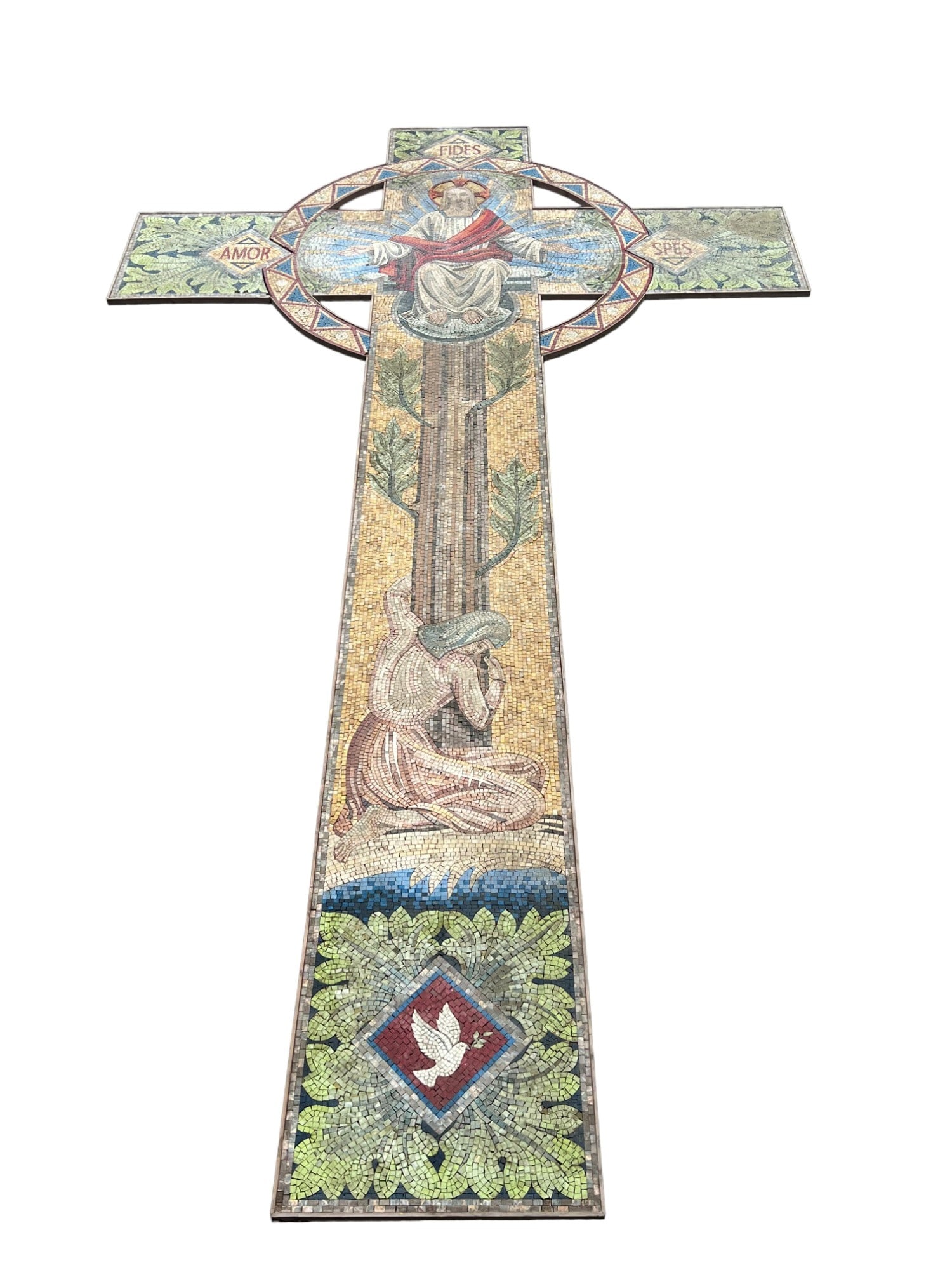 ENORMOUS MOSAIC CRUCIFIXION: ENORMOUS MOSAIC CRUCIFIXION. AQUIRED FROM PRIVATE COLLECTION. OVER 15 FEET TALL. Height: 188 in. by Width: 110 in. by Depth: 2 in.